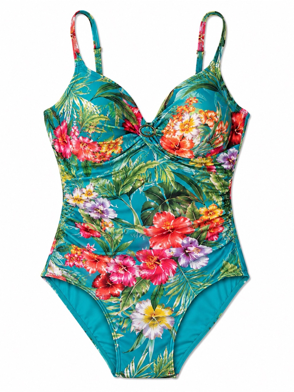 NWT Jantzen Teal Tropical Floral One Piece Swimsuit Tummy Control Sz 16